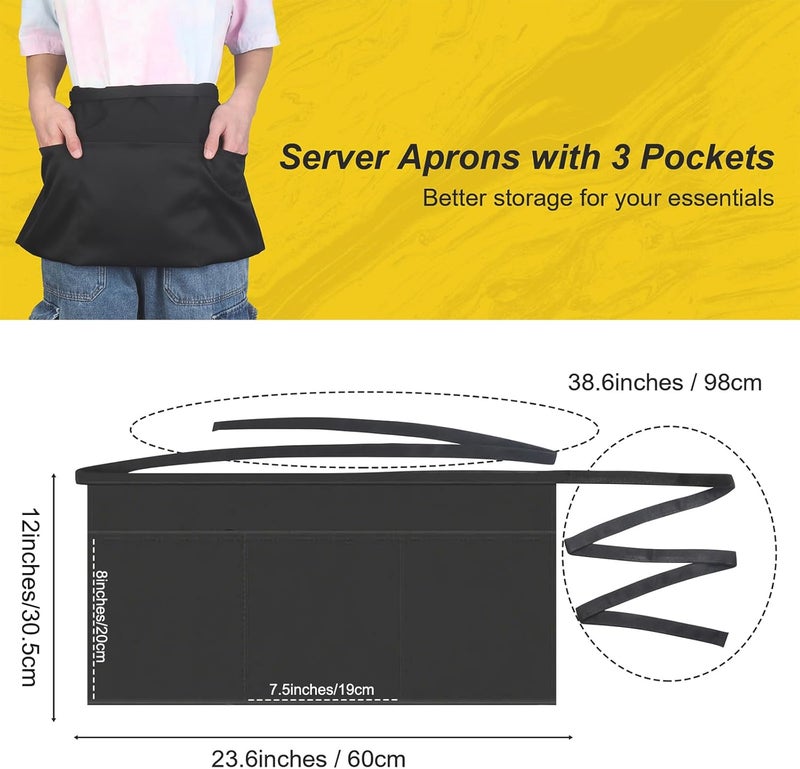 Wsaeig Server Waitress Waist Apron - Half Apron with 3 Pockets,Black Short Aprons for Servers,Waiter Apron - Image 4